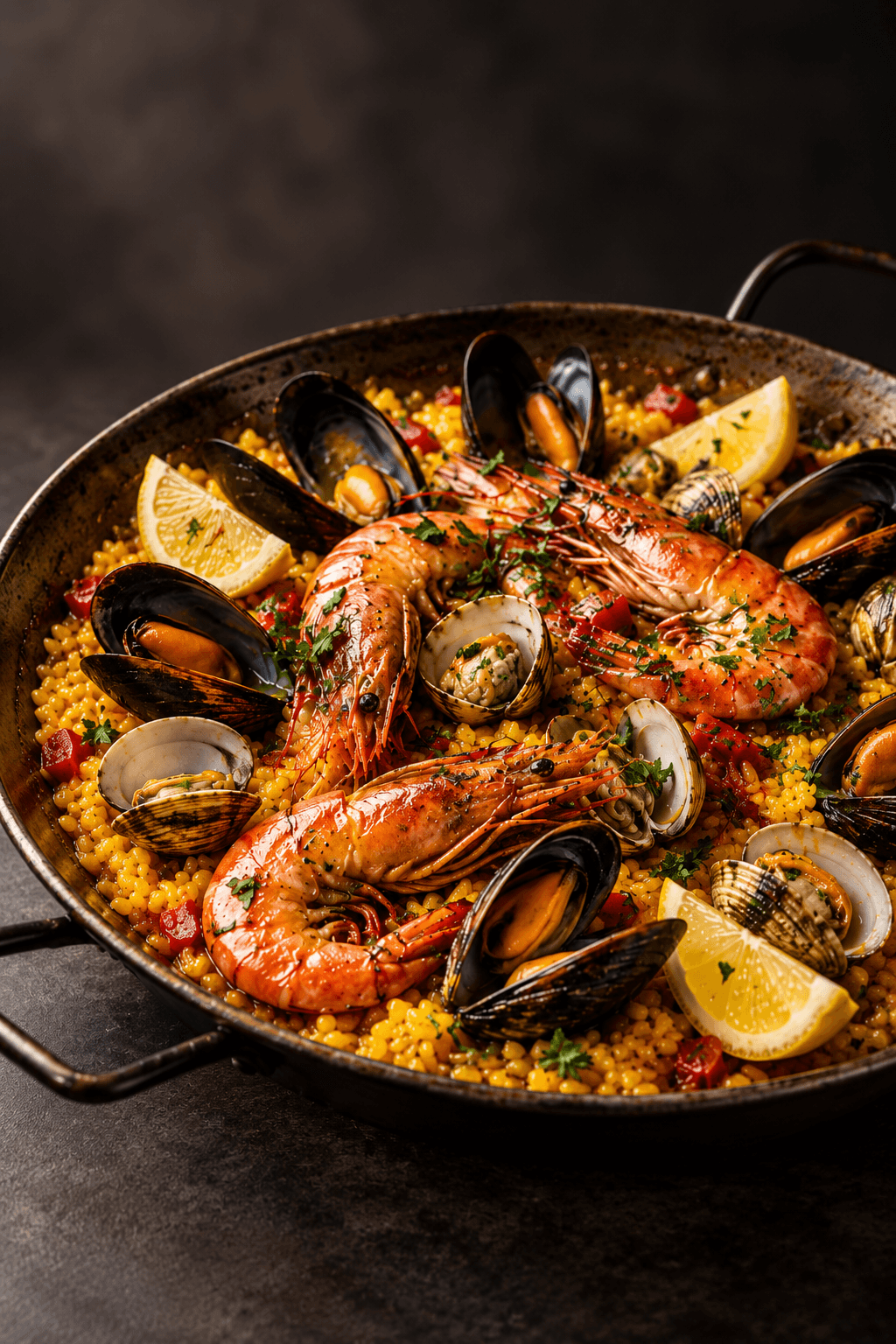 Paella mediterránea de mariscos